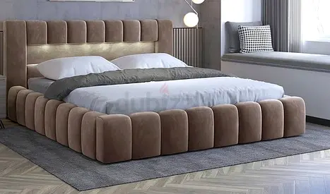 Modern Upholstered Platform Bed with Padded Headboard (King) - Beige Velvet