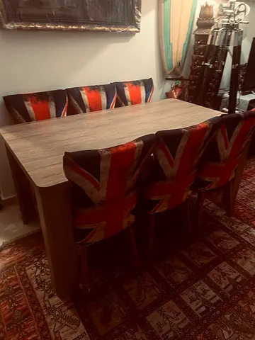 Solid Wood Dining Table with 6 Union Jack Upholstered Chairs