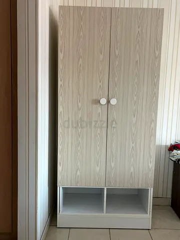 Light wood 2-door wardrobe with open shelving