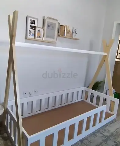 White Wooden Montessori Floor Bed with Teepee Frame (Single/ Toddler Size)
