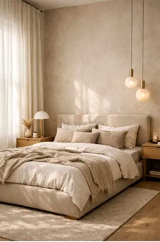 Modern Upholstered Bed Frame in Beige
