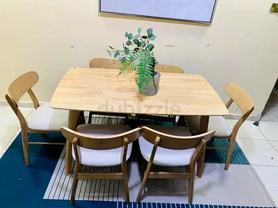 Solid Wood 6-Seater Dining Table with Cushioned Chairs