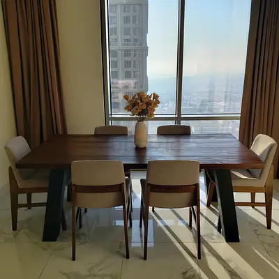 Solid Wood Dining Table with 6 Upholstered Chairs - Modern Set
