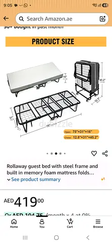 Foldable Rollaway Guest Bed with Memory Foam Mattress - Steel Frame