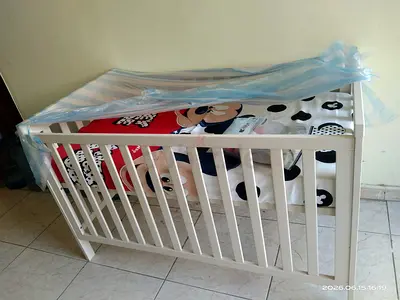White Wooden Baby Crib with Mattress