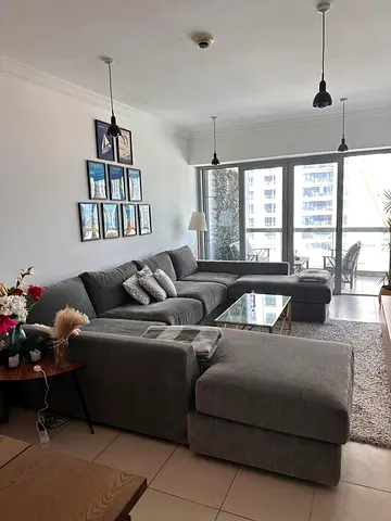 Custom made large U-shaped grey fabric sofa with chaise, good condition