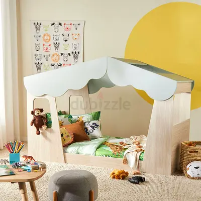 Wooden Kids House Bed with Canopy - Single Toddler Bed