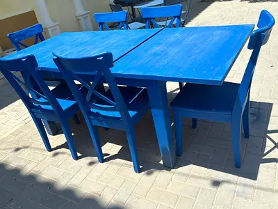 Blue wooden dining table with 6 matching chairs - solid set