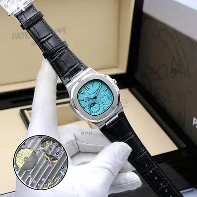 Patek Philippe Nautilus Style Mens Watch with Turquoise Dial and Leather Strap mastar