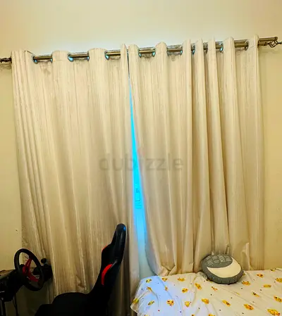 Bright beige curtain with Sheer Lace Curtains with Scalloped Edge  and curtain rod