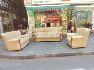 3-piece beige leather sofa set with wooden trim — good condition 3+2+1  .  sofa