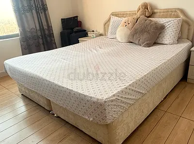 King size upholstered bed with mattress and headboard - good condition