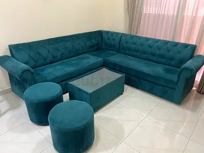 Teal L-shaped Velvet Sectional Sofa with Ottoman and Stools - Excellent Condition