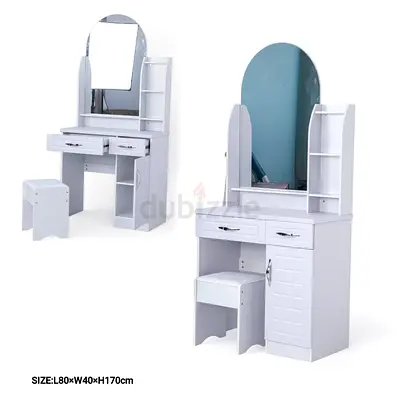 White Dressing Table with Mirror, Drawers and Stool - L80 x W40 x H170 cm