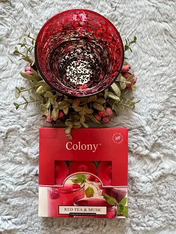 Red Mercury Glass Candle Holder + Colony Red Tea  Musk Tealights (9pc) | Bundle