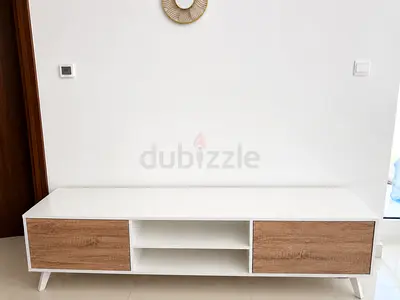 White TV Unit/Entertainment Cabinet with Wood-Effect Doors - excellent condition
