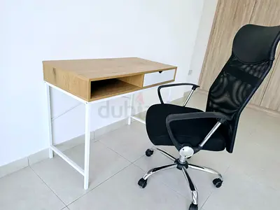 Compact wooden desk with single drawer and white metal frame
