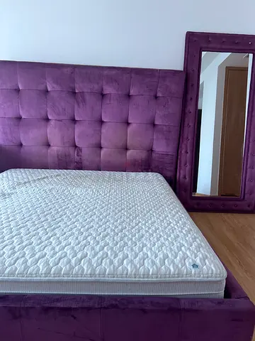 IMMEDIATE SALE PICKUP TODAY Purple tufted bed frame with mattress and matching mirror