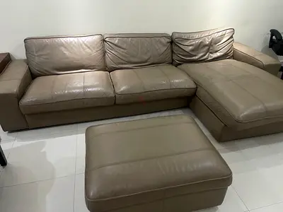 L-Shaped Genuine Leather Sofa + Ottoman (Storage Ottoman Included)