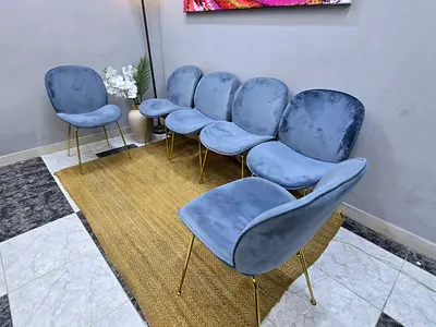 Set of 6 Blue Velvet Dining/Accent Chairs with Gold Legs