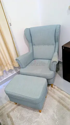 Ikea light Blue Wingback Armchair with Ottoman — Good Condition