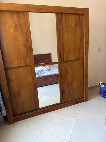 Solid Wood Sliding Wardrobe with Mirror - Good Condition