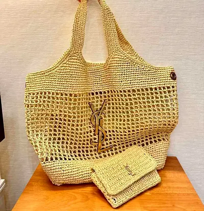 YSL woven straw tote bag with matching pouch - preowned
