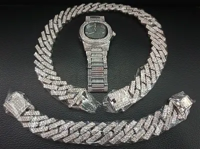 Cuban Bling Iced Out (Necklace, Bracelet and Watch)