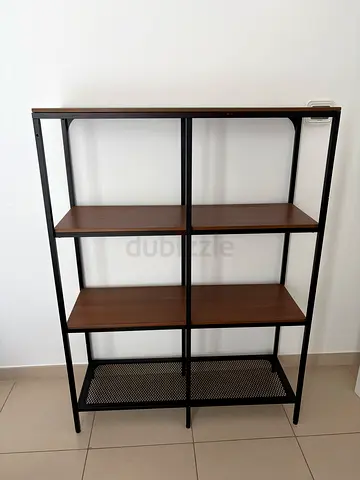 Open metal-frame shelving unit with wooden shelves (good condition)