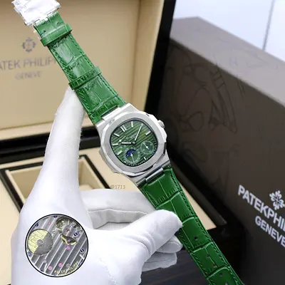 Patek Philippe Nautilus-style Green Dial Moonphase Watch with Green Leather Strap