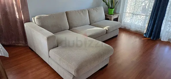 Light beige L-shaped 2 seater fabric sofa + 1 chaise - good condition