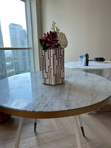 2XL 90cm Round Marble-Top Dining Table with Gold Trim