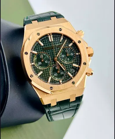 Gold-tone Chronograph Mens Watch with Green Dial and Leather Strap