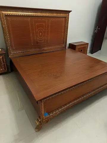 King size ornate wooden bed with matching nightstands and dressing-table collection only