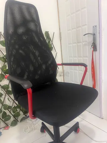 Black Mesh Office Chair with Red Arm Frames - Good Condition and Baby Trolly