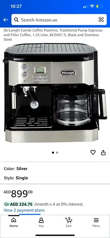DeLonghi Combination Espresso  Filter Coffee Machine - Stainless