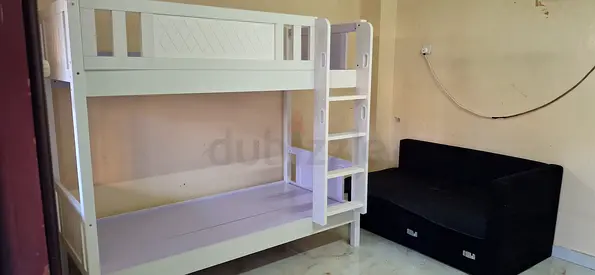 White Wooden Bunk Bed (Good Condition) + Black 2-Seater Sofa