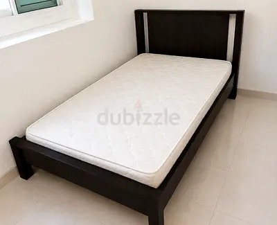 Single wooden bed frame with mattress - dark brown, good condition