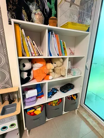 White Bookshelf with Storage Bins – Good Condition
