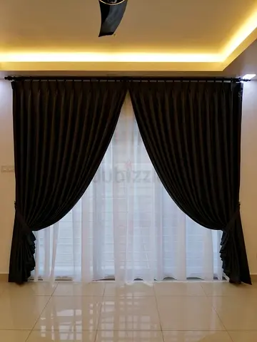 Dark Grey Full-Length Curtains with Sheer Inner Panel - Brand New