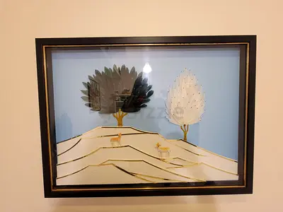Framed 3D Metal Art Landscape with Trees and Deer