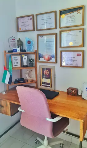 Solid Wood Wall-Mounted Desk with Drawer and Upholstered Pink Office Chair (Ikea) and Corner Stand