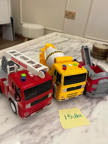 Set of 3 Toy Trucks — Fire Engine, Cement Mixer, Truck — Good Condition