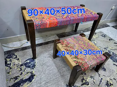 Handwoven Wooden Bench and Footstool Set - Rustic Multicolor Rattan Tops