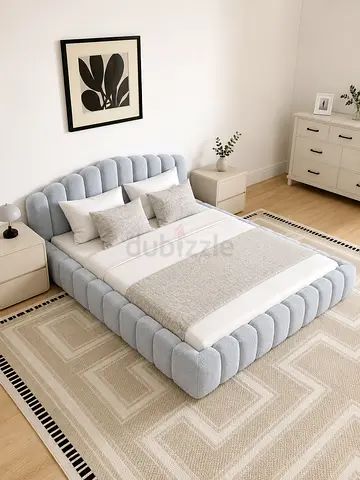 Modern Light Blue Upholstered Fluted Platform Bed