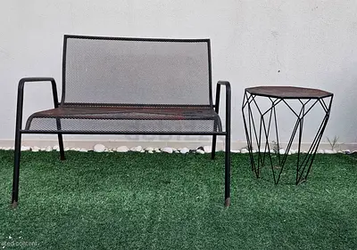 Metal Outdoor Bench and Matching Side Table - Black Mesh Design