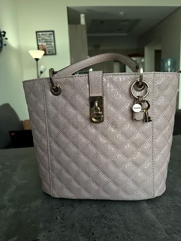 Guess Quilted Nude Handbag with Gold Hardware