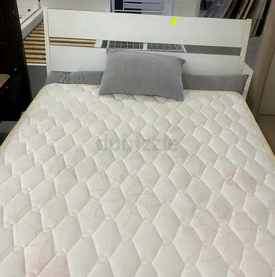 IKEA Double bed frame with mattress - white wooden headboard, good condition