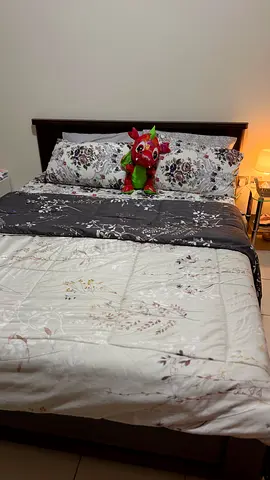 Home Center Queen size wooden bed frame with mattress and bedding - good condition