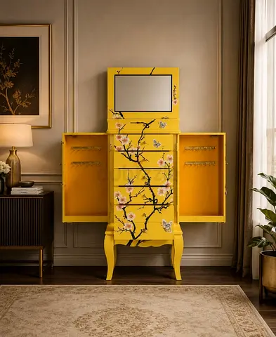 Hand-Painted Yellow Floral Armoire with Mirror. Irvin by canara grey. From canada